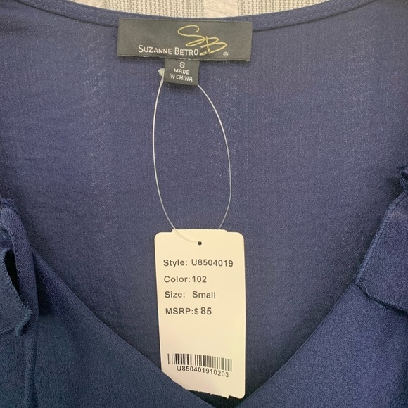 Suzanne Betro Dress w/ Ruffle Trim Long Sleeves Navy Blue Size‎ S - Picture 2 of 6